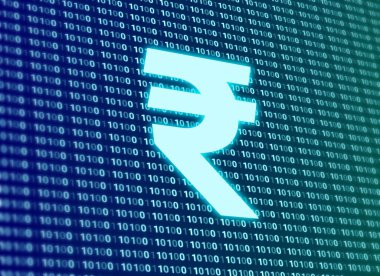 digital blue rupees sign isolated on digital background with 3d blur. concept for stock market, finance and rupees rate in global market.