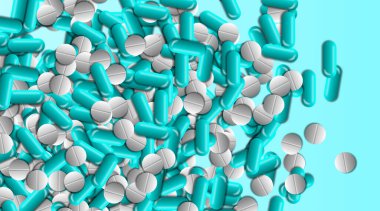 Mavi arka planda izole edilmiş haplar ve haplar. Tıbbi ve sağlık hizmetleri kavramı.