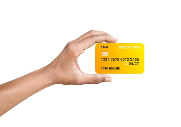 Hand Hold Yellow Credit Card White Background — Stockfoto