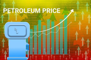 Benzin pompası ikonuyla petrol fiyatlarına zam grafiği. Benzin fiyatı, faiz ve talep illüstrasyonu kavramı.