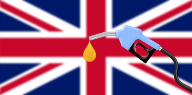 Bulanık Birleşik Krallık bayrağının yakıt hortumunda yakıt damlası var. Birleşik Krallık ekonomisi üzerinde talep ve benzin fiyatı etkisi kavramı.