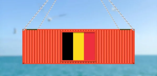 Import Export Business Belgium Background Hanging Cargo Container Blue Sky — Zdjęcie stockowe