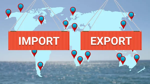import export business in World wide with hanging Cargo container and location icon. concept for trade war, and import export business in World.