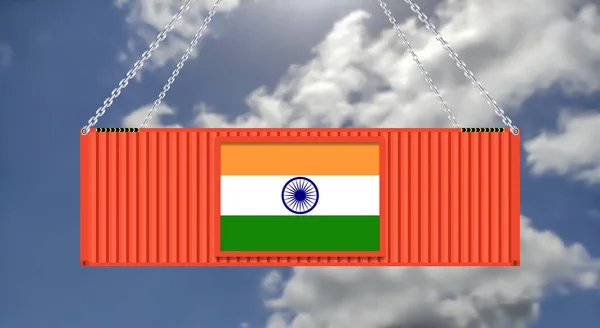 import export business in India background with hanging cargo container on blur sky background. daily increasing export business in india.
