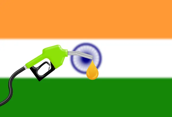 fuel nozzle on blur India Flag with  fuel drop. concept for demand and gasoline price effect on india  economy.