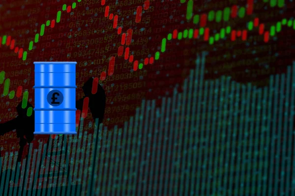 pound currency symbol on oil container isolated digital on up down graphs. concept for fuel rate and price in pound.