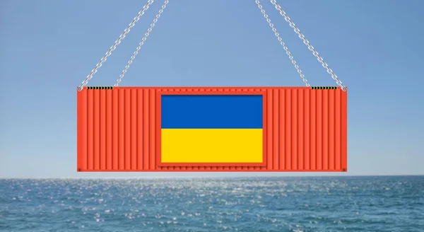 Import Export Ukraine Hanging Cargo Container Blur Sea Surface — Foto de Stock
