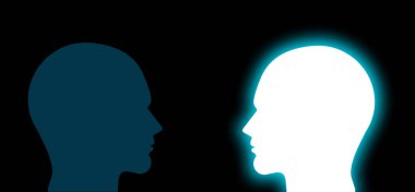bright and dark Human face on black background. concept showing think positive, happy and keep keep meditation and  become bright person.