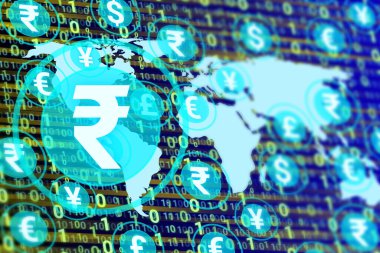 digital rupee icon isolated on other currency, world map and numbers. concept for rupee rate, demand and popularity in World.