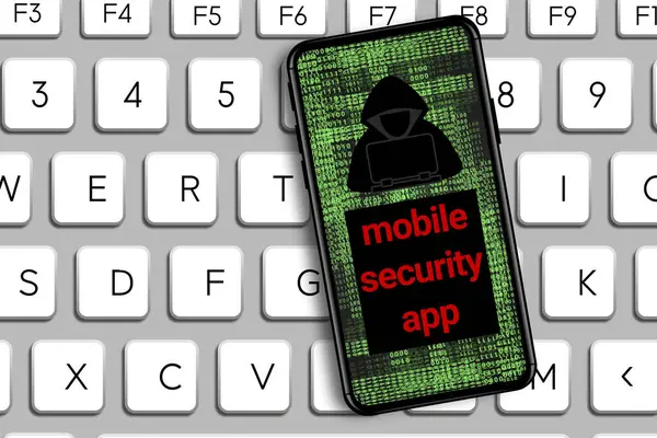 Mobile Security App Word Hacker Icon Mobile Phone Digital Code — Fotografia de Stock