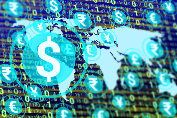 digital dollar icon isolated on other currency, world map and numbers. concept for dollar rate, demand and popularity in World.