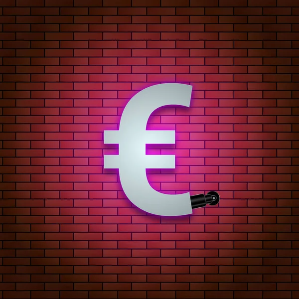 bright pink neon euro icon on brick background. national currency background illustration image.