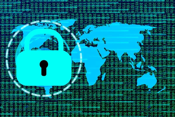 security lock world isolated on World map and spotted light background. digital security and awareness illustration.