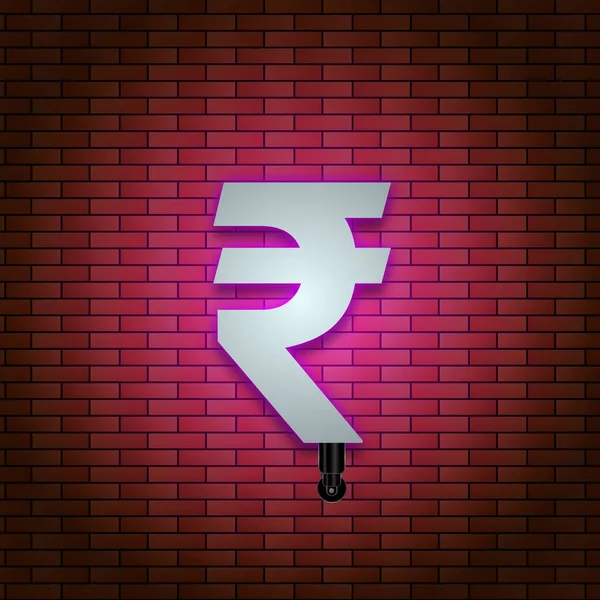 bright pink neon rupee icon on brick background. national currency background illustration image.