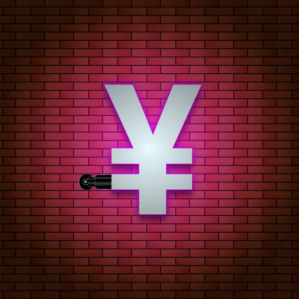 bright pink neon yen icon on brick background. national currency background illustration image.