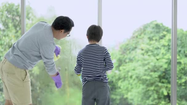 Feliz Padre Hijo Limpian Polvo Limpiando Con Fregar Mirando Cámara — Vídeo de stock