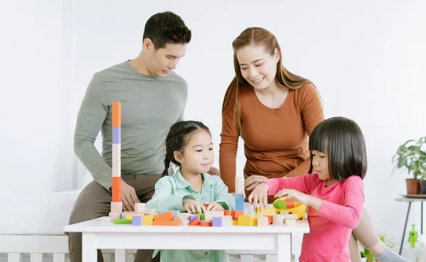 Cheerful Asian Family Spending Time Together Room Happy Little Kids — Stok fotoğraf