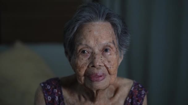 Portrait Elderly Asian Woman Smiles Waves Camera Living Room Home — Video Stock