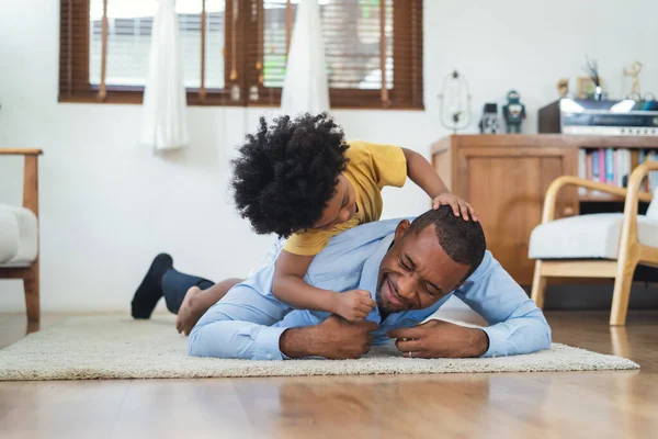 Black Family Have Fun Playing Together Floor Home Laughing African — ストック写真