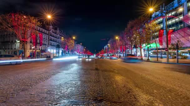 Tempo Lapso Tráfego Champs Elysees Noite Com Luzes Natal Pavimento — Vídeo de Stock