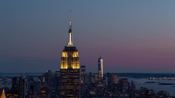 Vista Nocturna Del Horizonte Nueva York Con Empire State Building — Vídeos de Stock