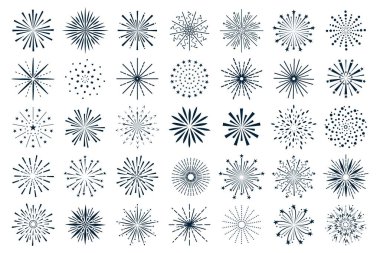 Havai fişek patlamaları ikonlar, soyut havai fişek patlamaları karalamaları. Bengal ışığı parlıyor, festival fişeği patlıyor, havai fişek gösterisi başlıyor.