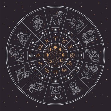 Burç burçları ve takımyıldızları olan astroloji çemberi. İkizler, kanser, aslan, mistik burç işaretleri toplama vektörü çizimi