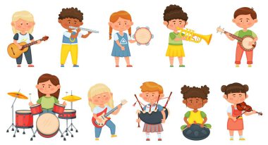Çocuklar müzik enstrümanları çalıyor, çocuklar müzik hobisi yapıyor. Gitar, davul, keman seti çalan hoş kızlar ve oğlanlar.
