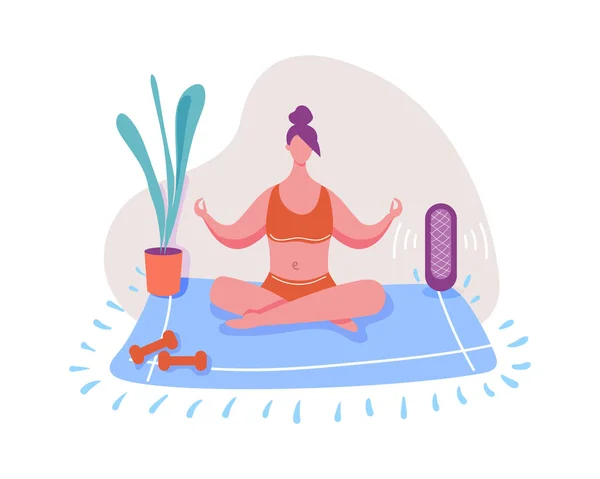 Woman doing yoga at home, calm meditation — Stock Vector