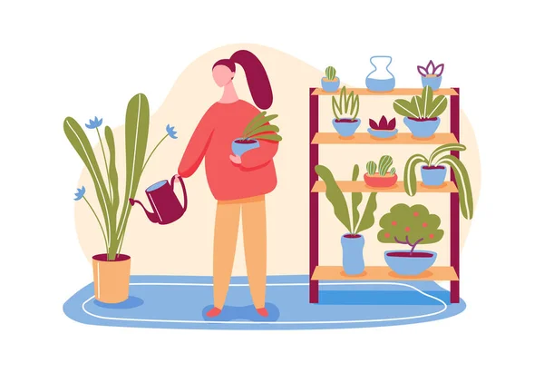 Conceito do jardim da casa, plantas do potenciômetro molhando da mulher — Vetor de Stock