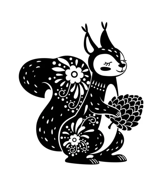 Wiewiórka zwierząt rysowane w stylu boho czarny — Wektor stockowy