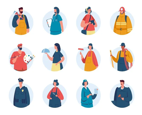 Профессиональные рабочие аватары, портреты людей разных профессий. Пожарный, полицейский, медсестра, инженер, официант — стоковый вектор