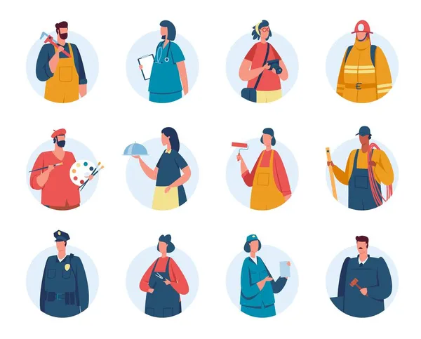 Avatar di lavoratori professionisti, ritratti di persone con varie professioni. Vigile del fuoco, poliziotto, infermiera, ingegnere, cameriere avatar vector set — Vettoriale Stock