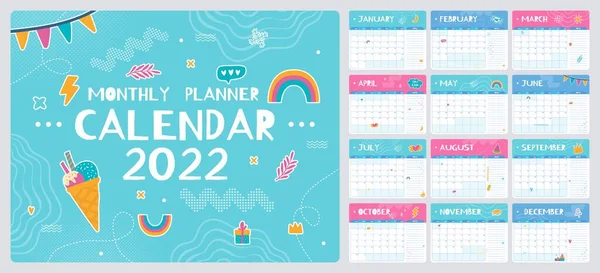 Милий щомісячний планувальник з каракулями, 2022 шаблон календаря. Дитячий розклад, шкільний організатор з вектором нотаток, векторне планування місяця — стоковий вектор
