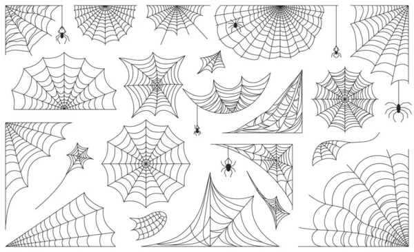 Halloween spinnenweb, zwarte spinnenwebframes, randen en hoeken. Eng spinnenweb met spinnen, decoratieve spinnenwebben silhouet vector set — Stockvector