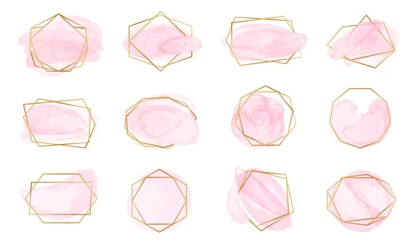 Pinceladas de acuarela rosa con marcos geométricos dorados. Etiquetas de color rosa pastel con formas poligonales abstractas, elegante conjunto de vectores de logotipo de moda — Archivo Imágenes Vectoriales