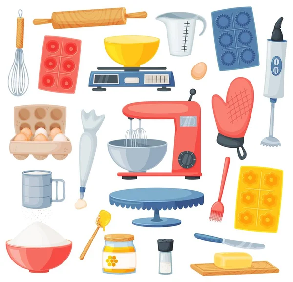Cocina de dibujos animados e ingredientes para hornear, utensilios de cocina. Harina, huevos, miel, sal. Conjunto de vectores de ingredientes de panadería y postres — Archivo Imágenes Vectoriales