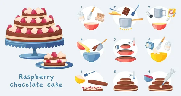 Torta recept, sütés desszert lépésről lépésre utasítás. Ízletes születésnapi csokoládé torta tejszín, édes pékség elkészítése vektor illusztráció — Stock Vector