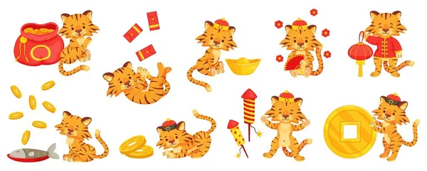 Cartoon chinesischer Neujahrstiger, niedliche Tiger mit Goldbarren. Kleine Tigerbabys mit Feuerwerkskörpern, Geldbeutel. Urlaub Maskottchen Zeichen-Vektor-Set — Stockvektor