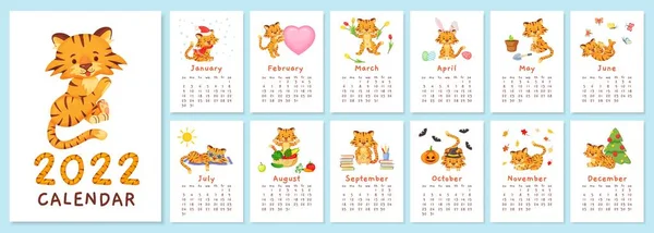 Söta tigrar 2022 kalender, kinesiska nya året tiger symbol. Tecknad glad baby djur tecken i olika månader planerare Vector mall — Stock vektor