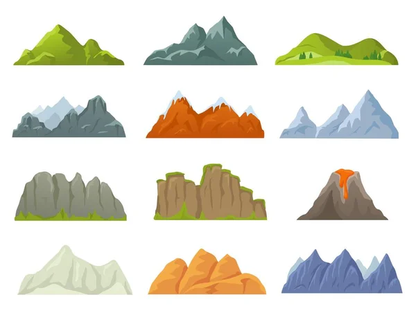 Cima de montaña rocosa de dibujos animados, pico nevado, acantilado de piedra. Montañas crestas en varias formas, volcán, cañón, paisaje naturaleza elemento vector conjunto — Archivo Imágenes Vectoriales
