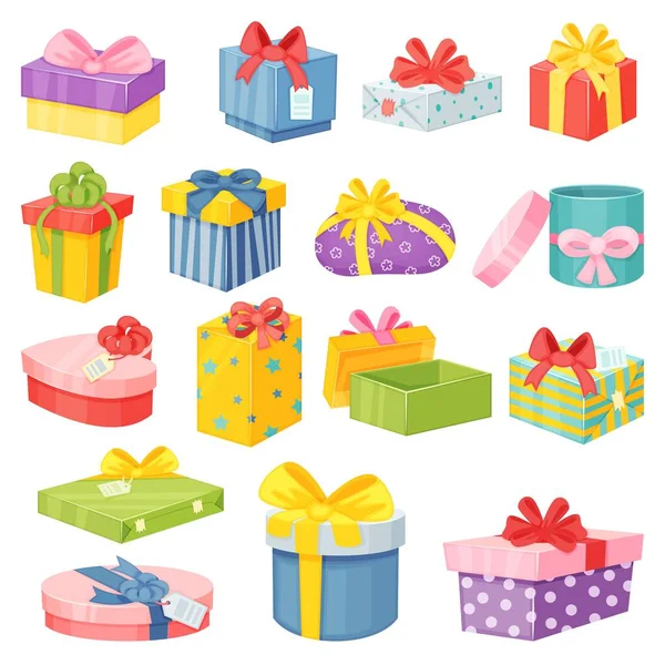 Cartoon gift boxes, wrapped present packages with bows. Colorful presents in various shapes for birthday or christmas celebration vector set — Stock Vector