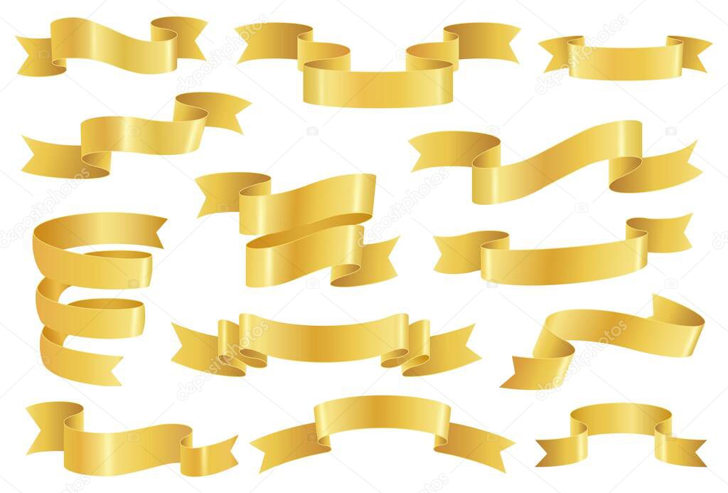 Golden ribbons, realistic glossy gold tape banner elements. Empty premium promo ribbon or scroll, elegant vintage decoration Vector set