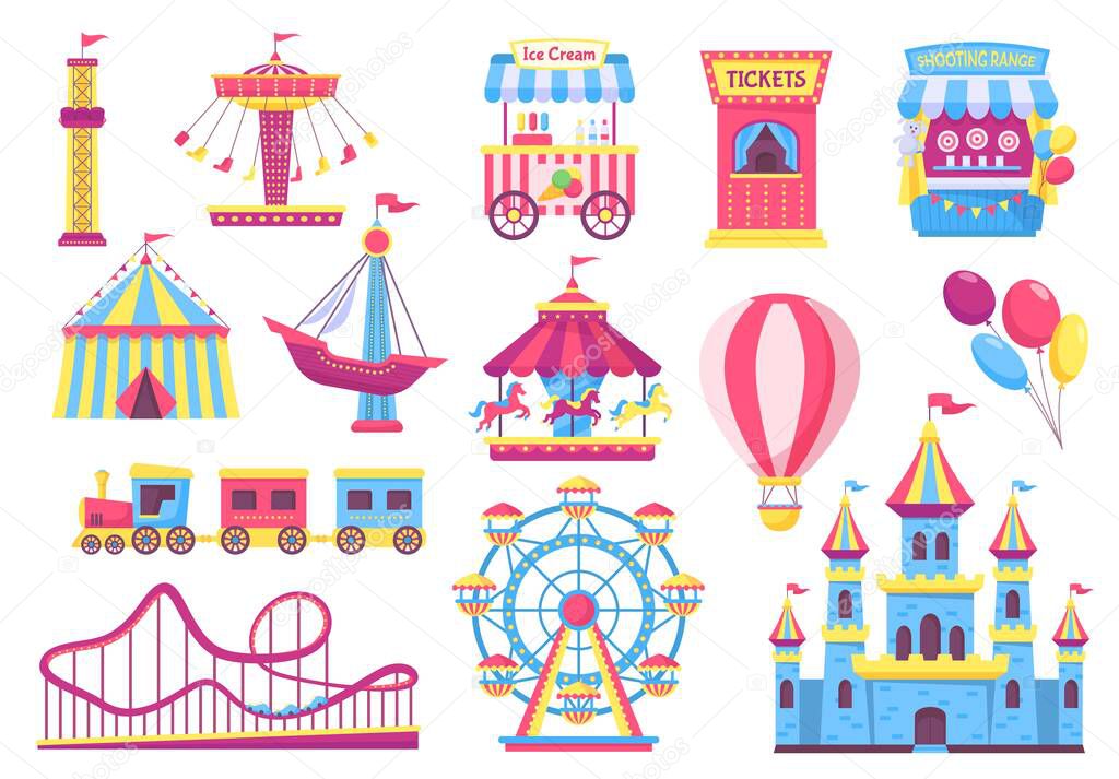 Amusement park attractions, fairground rides, carnival elements. Cartoon circus tent, carousel, rollercoaster, funfair games vector set