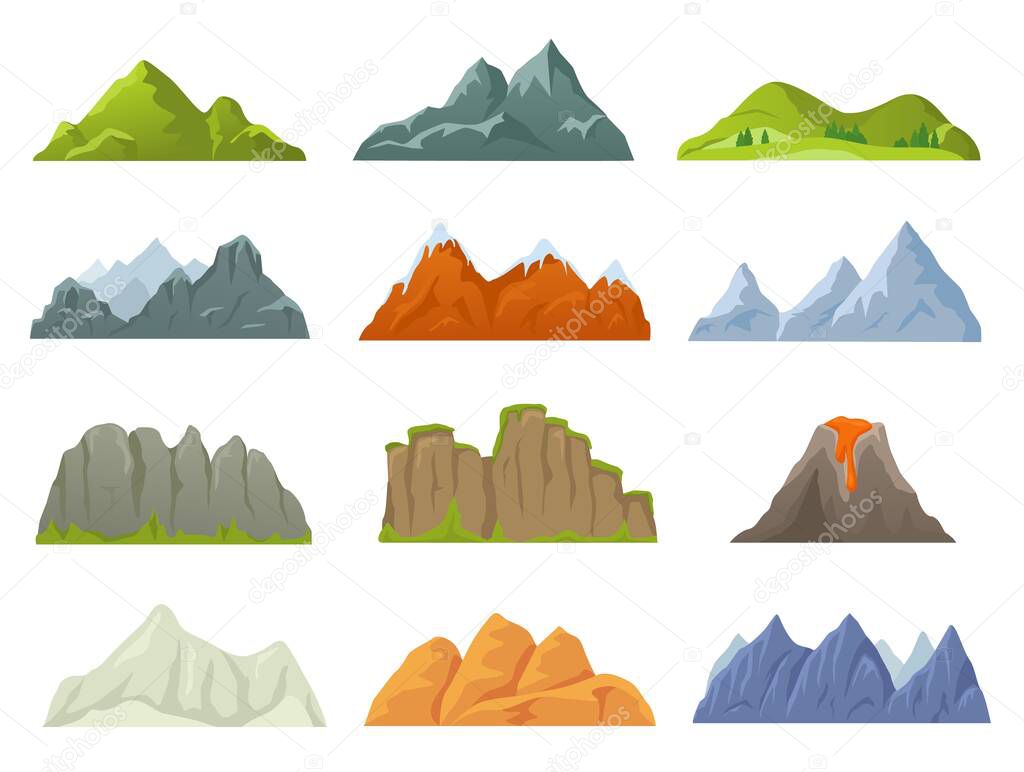 Cartoon rocky mountain top, snowy peak, stone cliff. Mountains ridges in various shapes, volcano, canyon, nature landscape element vector set