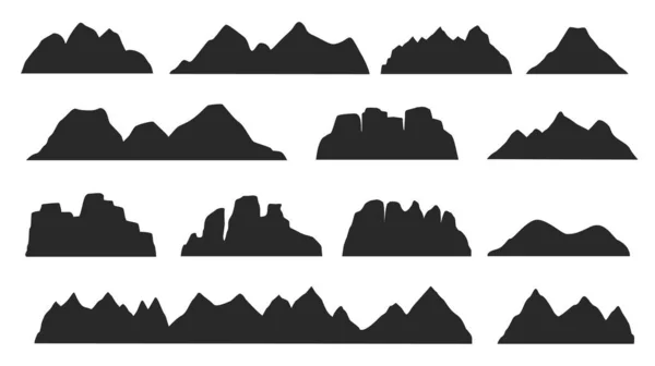 Schwarze Bergrücken Landschaft Silhouette, felsige Geländeelemente. Berge Gipfel, Hügel, Eisberge Outdoor-Landschaft Silhouetten Vektorset — Stockvektor