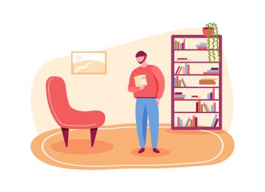 Kütüphanede kitap, eğitim ve eğitim okuyan bir adam.