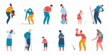 Yaralanan insanlar, eklem ağrıları, acı çeken karakterler. Baş ağrısı olan erkek ve kadınlar, yaralı bacak ya da boyun vektörü seti