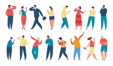 Akıllı telefon kullanan insanlar, telefon tutan genç karakterler. İş adamı akıllı telefondan konuşuyor, kadın ve erkekler mesajlaşıyor, selfie vektörü seti alıyor.