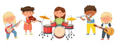 Çocuk müzik grubu, çizgi film çocukları birlikte müzik enstrümanları çalıyorlar. Keman, gitar, davul vektör illüstrasyonu çalan çocuk müzisyenler
